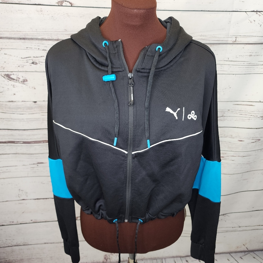 Puma Cloud 9‎ Black Blue Cropped Zippered Hoodie Jacket Size Large